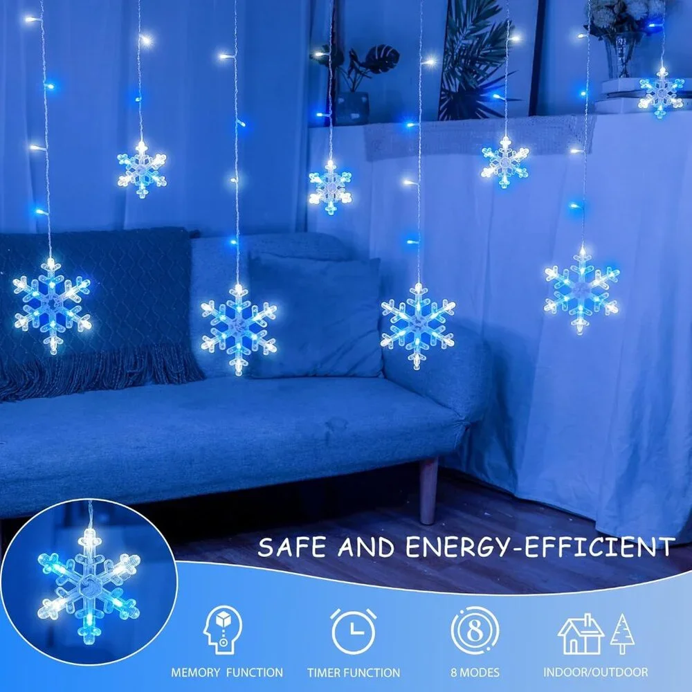 Elegant 6.5ft Christmas Snowflake Icicle Lights - 144LEDs, 12 Drops, Waterproof